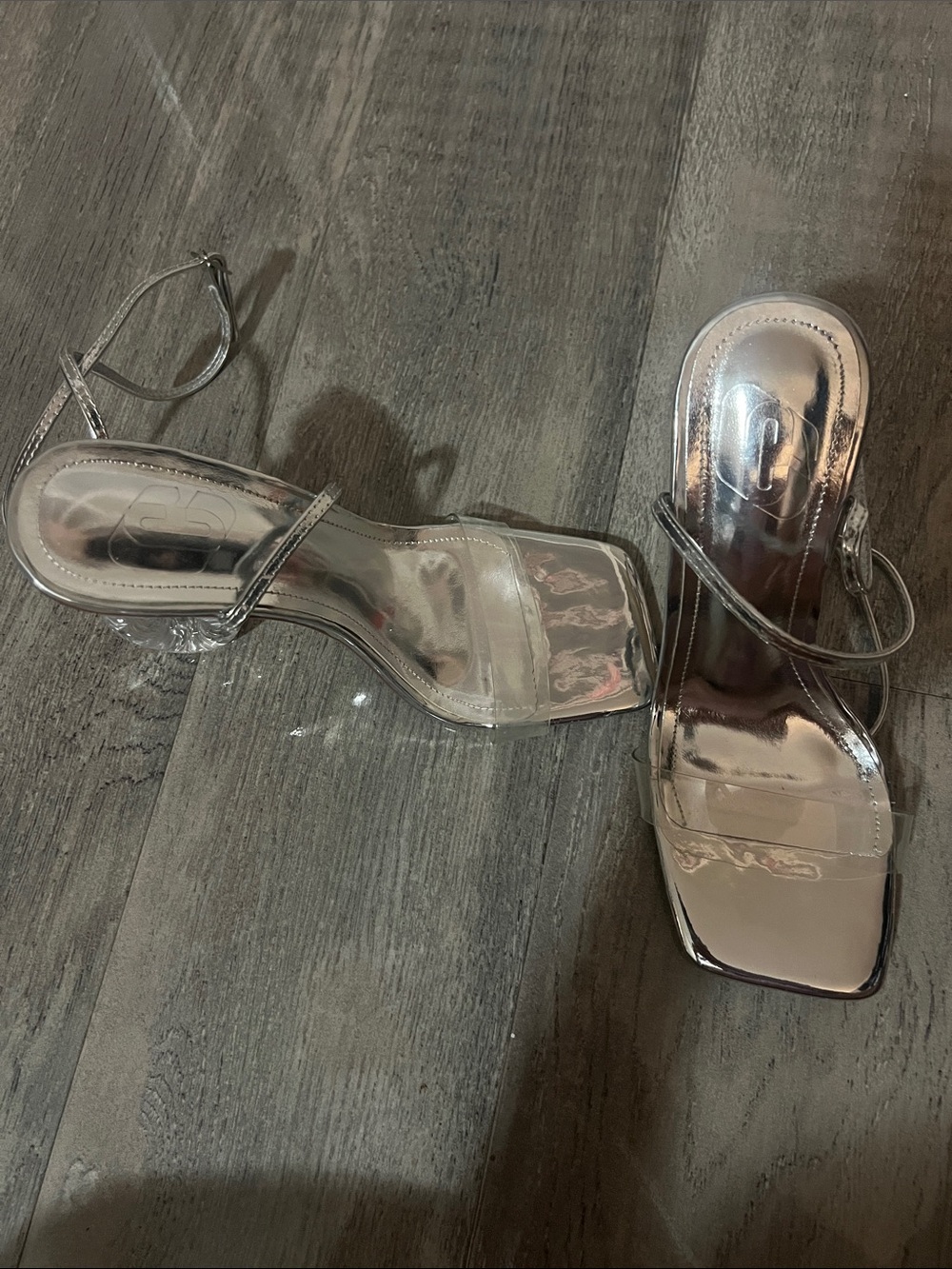 SHEIN Clear Strap Silver Trim Sculptural Heel Sandal - Picture 3 of 3